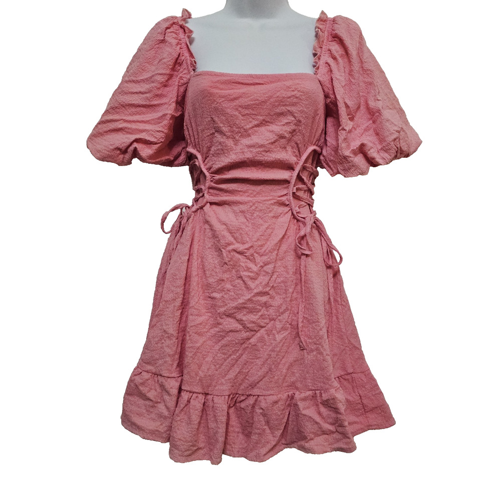 Womens Dress XS Pink Balletcore Coquette Square Neckline Ruffle Dollette Fairy